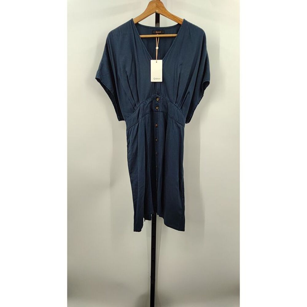 Quince Navy Blue V-Neck Button-Front Dress